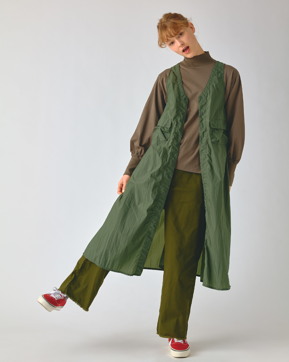 BEAMS BOY Button Up Pocket Sleeveless Dress Olive 1326-0199-452 